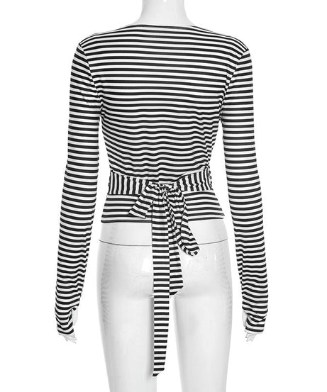 Fall Chic: Women's Striped V-Neck Wrap Long Sleeve Top with Adjustable Tie Waist