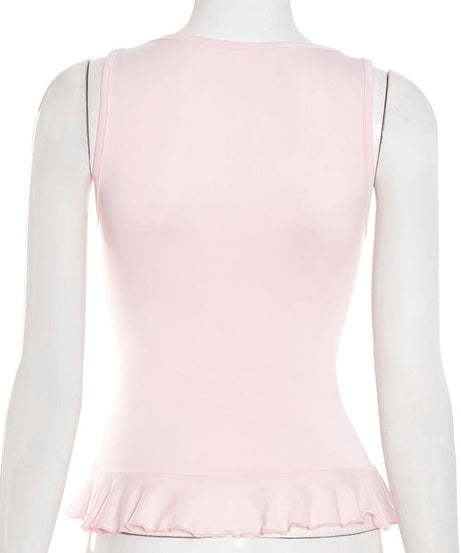 Chic Pink Ruffle V-Neck Tank Top for Women - Soft & Flattering Fall Layer