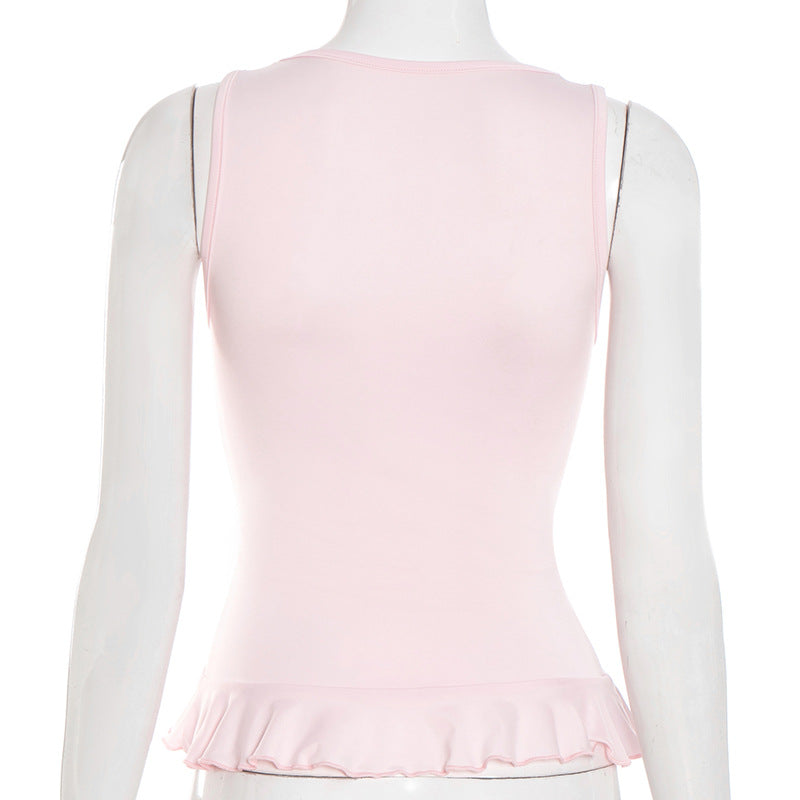 Chic Pink Ruffle V-Neck Tank Top for Women - Soft & Flattering Fall Layer