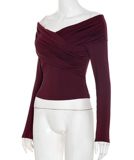 Stunning Burgundy Ruched Off-Shoulder Long Sleeve Top – Your Must-Have for Fall & Holiday Season