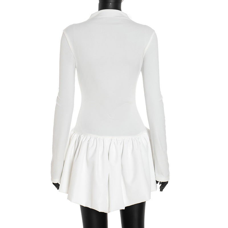 Effortless Chic: White High-Neck Ruffle Mini Dress for Fall & Holiday Style