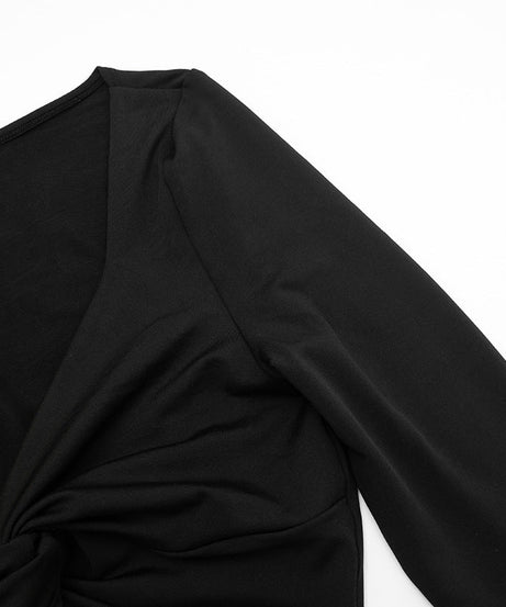 Fall Chic! Black Ruched V-Neck Keyhole Crop Top - Long Sleeve Statement Piece