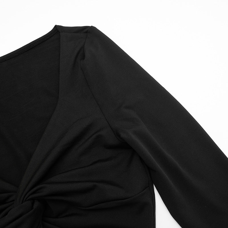 Fall Chic! Black Ruched V-Neck Keyhole Crop Top - Long Sleeve Statement Piece