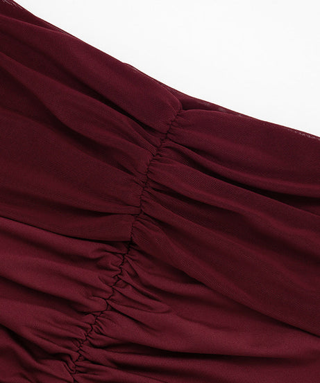Alluring Garnet Ruched Off-Shoulder Mini Dress - Mesh Long Sleeve | Fall & Holiday Party Ready