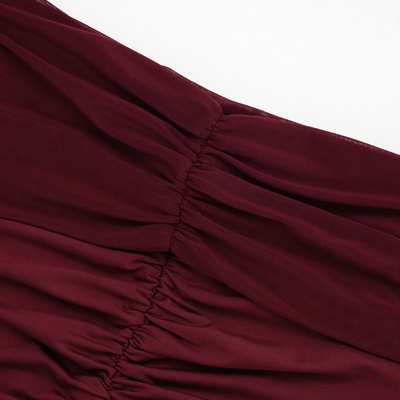 Alluring Garnet Ruched Off-Shoulder Mini Dress - Mesh Long Sleeve | Fall & Holiday Party Ready