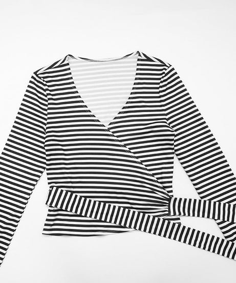 Fall Chic: Women's Striped V-Neck Wrap Long Sleeve Top with Adjustable Tie Waist