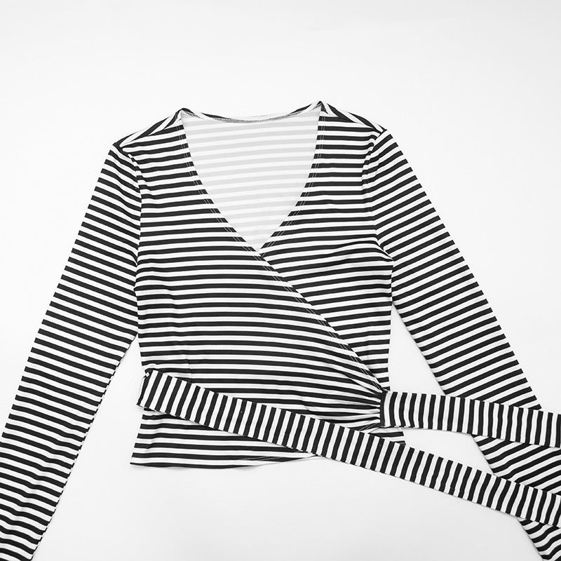 Fall Chic: Women's Striped V-Neck Wrap Long Sleeve Top with Adjustable Tie Waist