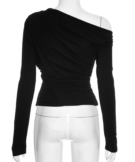 Sophisticated Black One-Shoulder Ruched Long Sleeve Top - Fall & Holiday Ready