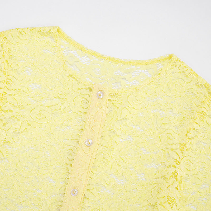 Chic Golden Yellow Lace Maxi Skirt & Crop Cardigan Set - Fall Event & Resort Ready