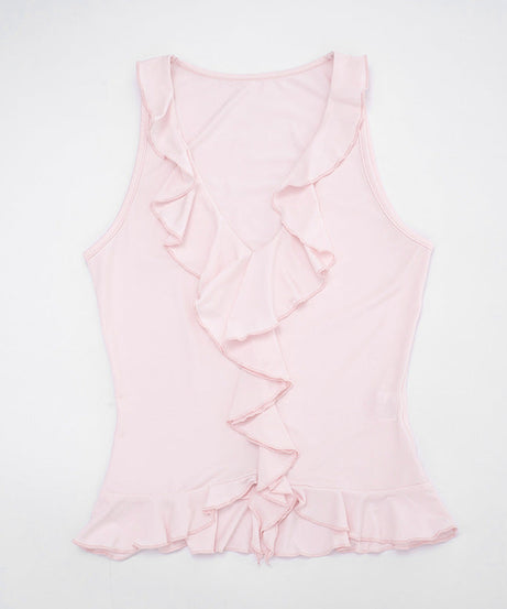 Chic Pink Ruffle V-Neck Tank Top for Women - Soft & Flattering Fall Layer