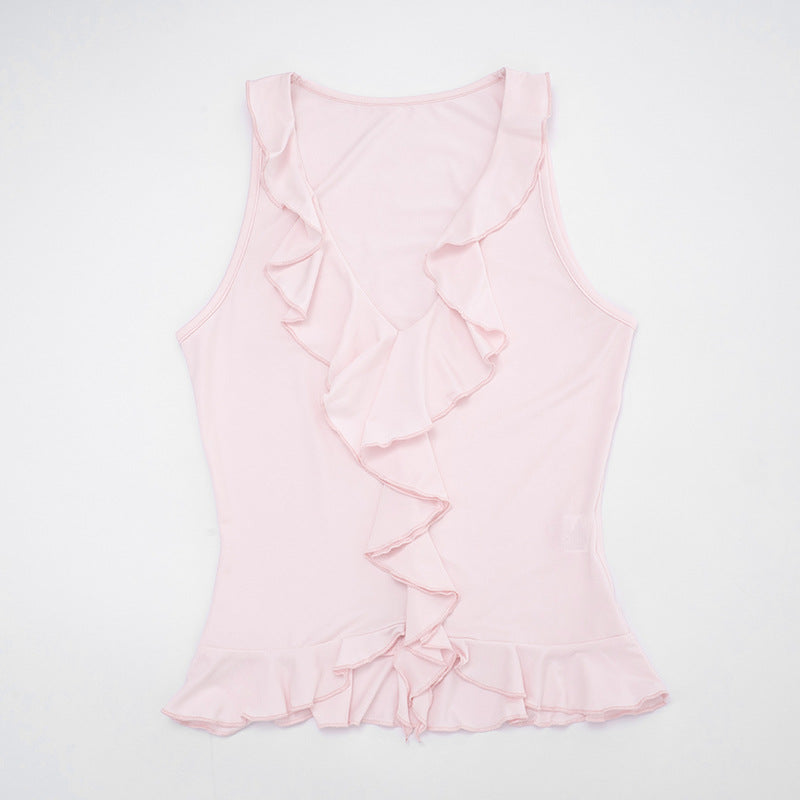 Chic Pink Ruffle V-Neck Tank Top for Women - Soft & Flattering Fall Layer