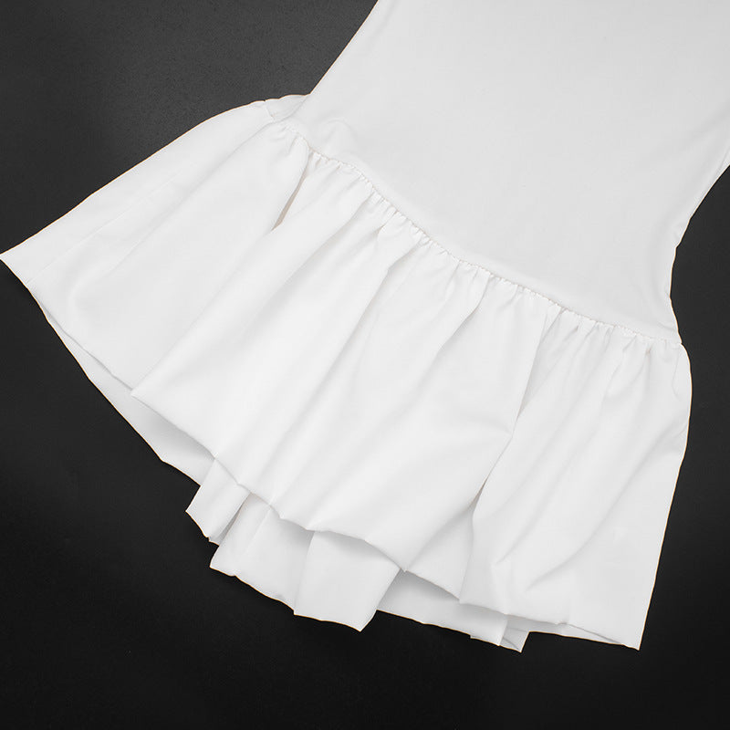 Effortless Chic: White High-Neck Ruffle Mini Dress for Fall & Holiday Style