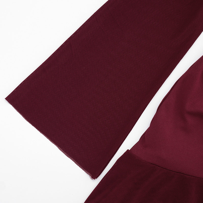 Alluring Garnet Ruched Off-Shoulder Mini Dress - Mesh Long Sleeve | Fall & Holiday Party Ready