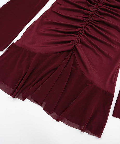 Alluring Garnet Ruched Off-Shoulder Mini Dress - Mesh Long Sleeve | Fall & Holiday Party Ready