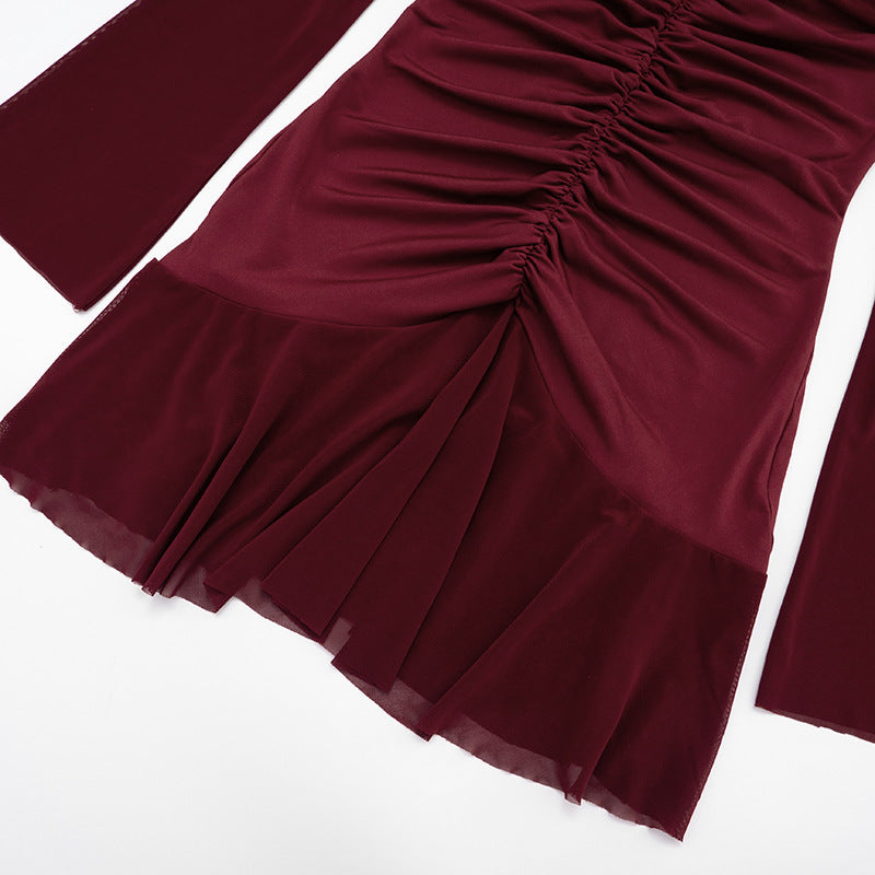 Alluring Garnet Ruched Off-Shoulder Mini Dress - Mesh Long Sleeve | Fall & Holiday Party Ready