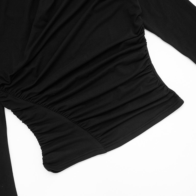 Sophisticated Black One-Shoulder Ruched Long Sleeve Top - Fall & Holiday Ready