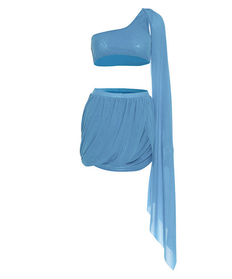 Ocean Breeze Sky Blue Draped Two-Piece Set | One-Shoulder Crop Top & Ruched Mini Skirt | Resort & Party Ready