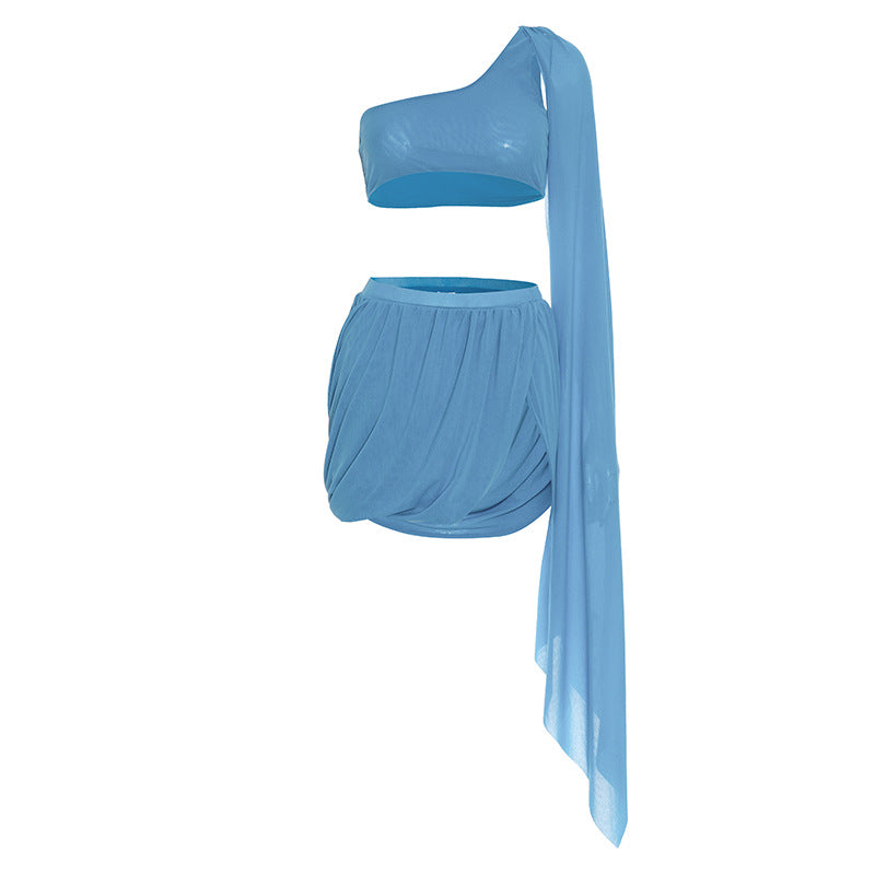 Ocean Breeze Sky Blue Draped Two-Piece Set | One-Shoulder Crop Top & Ruched Mini Skirt | Resort & Party Ready