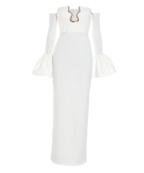 Ethereal White Off-Shoulder Maxi Dress: Bell Sleeves & Luxe Gold Neck Detail for Holiday Events