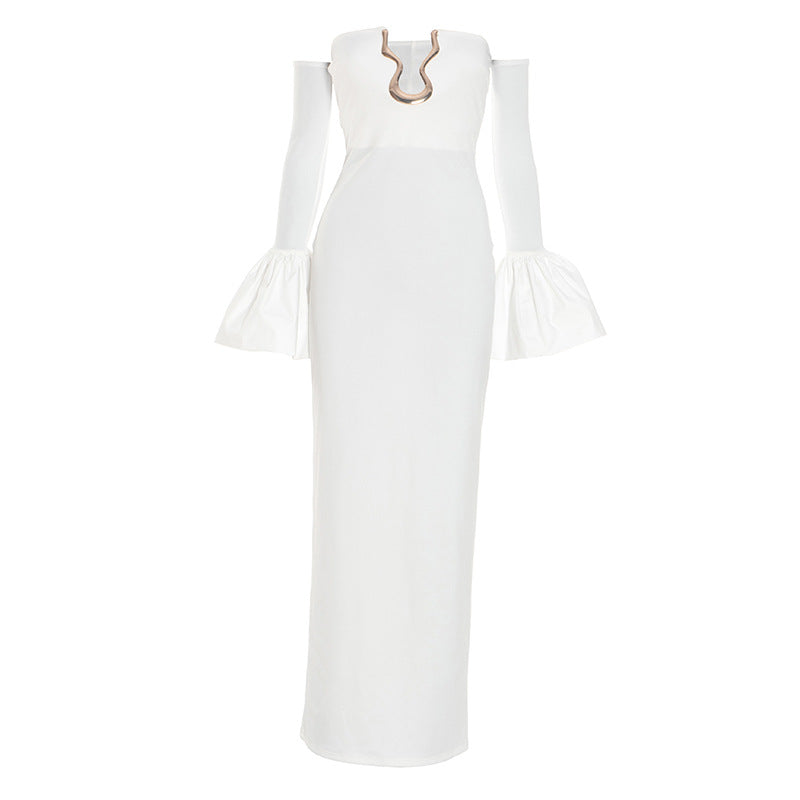 Ethereal White Off-Shoulder Maxi Dress: Bell Sleeves & Luxe Gold Neck Detail for Holiday Events