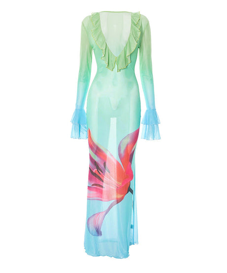 Tropical Bloom Sheer Mesh Maxi Dress - Ruffle V-Neck & Flared Sleeves for Your Warm Weather Escape