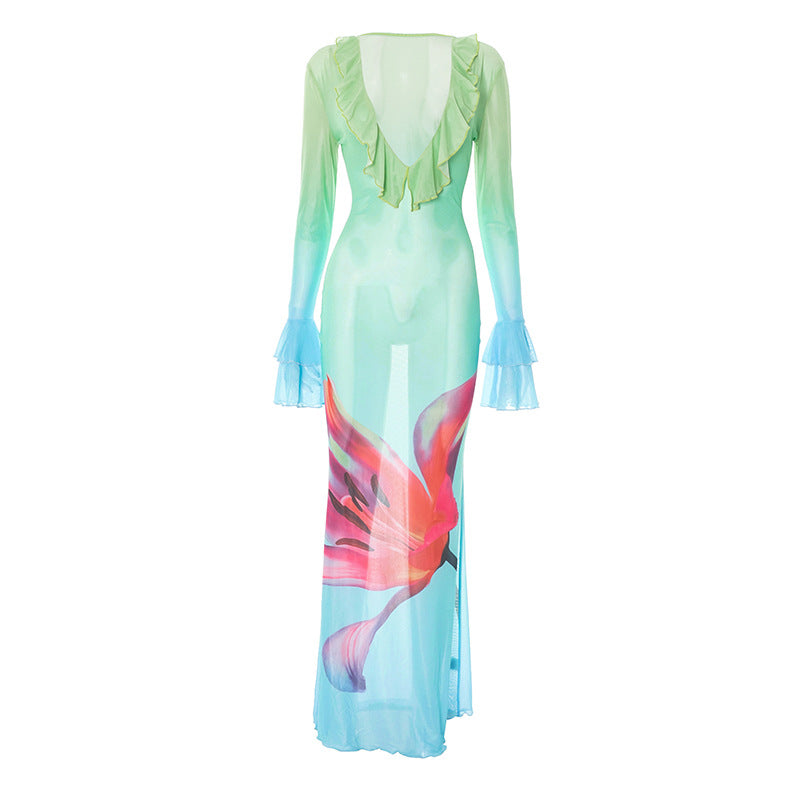 Tropical Bloom Sheer Mesh Maxi Dress - Ruffle V-Neck & Flared Sleeves for Your Warm Weather Escape