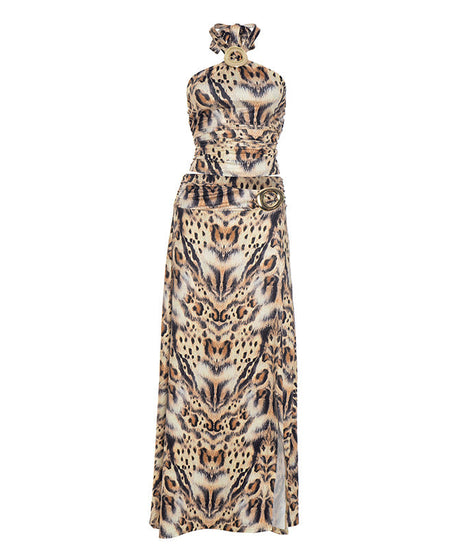 Fierce Fall Glam: Leopard Print Halter & High-Slit Maxi Skirt Set