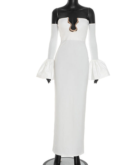 Ethereal White Off-Shoulder Maxi Dress: Bell Sleeves & Luxe Gold Neck Detail for Holiday Events