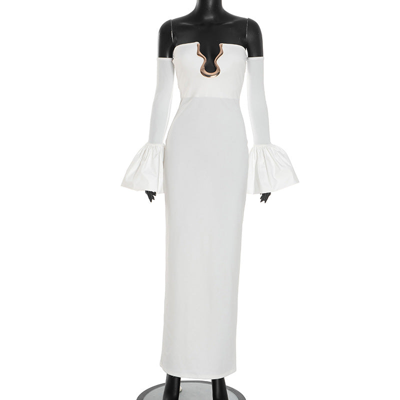 Ethereal White Off-Shoulder Maxi Dress: Bell Sleeves & Luxe Gold Neck Detail for Holiday Events