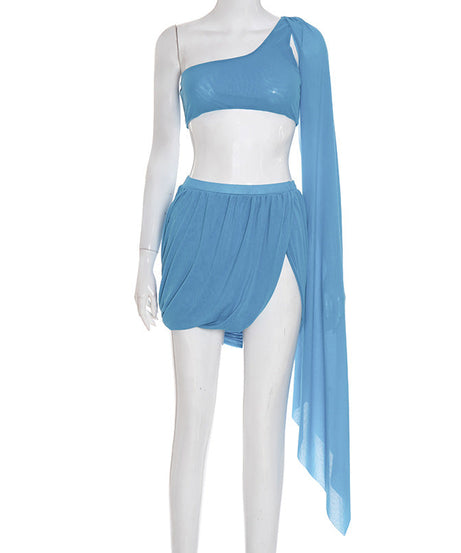 Ocean Breeze Sky Blue Draped Two-Piece Set | One-Shoulder Crop Top & Ruched Mini Skirt | Resort & Party Ready