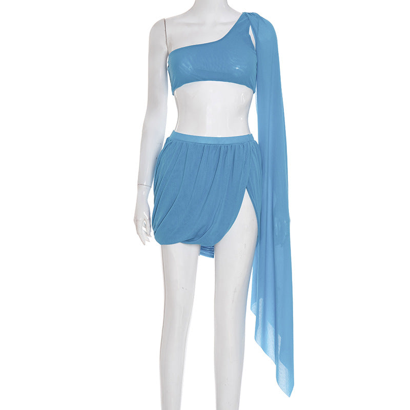 Ocean Breeze Sky Blue Draped Two-Piece Set | One-Shoulder Crop Top & Ruched Mini Skirt | Resort & Party Ready
