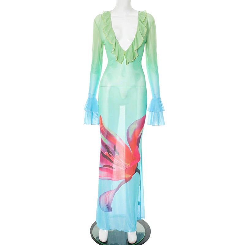 Tropical Bloom Sheer Mesh Maxi Dress - Ruffle V-Neck & Flared Sleeves for Your Warm Weather Escape