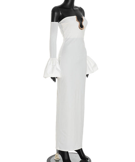 Ethereal White Off-Shoulder Maxi Dress: Bell Sleeves & Luxe Gold Neck Detail for Holiday Events