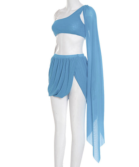 Ocean Breeze Sky Blue Draped Two-Piece Set | One-Shoulder Crop Top & Ruched Mini Skirt | Resort & Party Ready