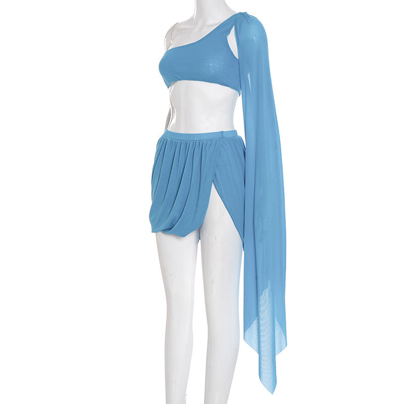 Ocean Breeze Sky Blue Draped Two-Piece Set | One-Shoulder Crop Top & Ruched Mini Skirt | Resort & Party Ready