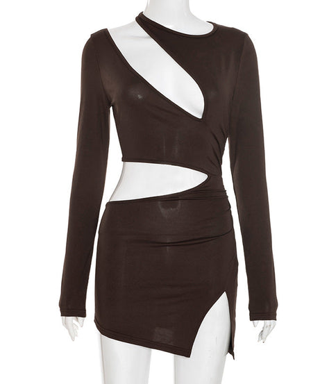 Sultry Mocha Cut-Out Bodycon Mini Dress - Fall Nights & Party Ready
