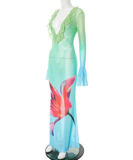 Tropical Bloom Sheer Mesh Maxi Dress - Ruffle V-Neck & Flared Sleeves for Your Warm Weather Escape