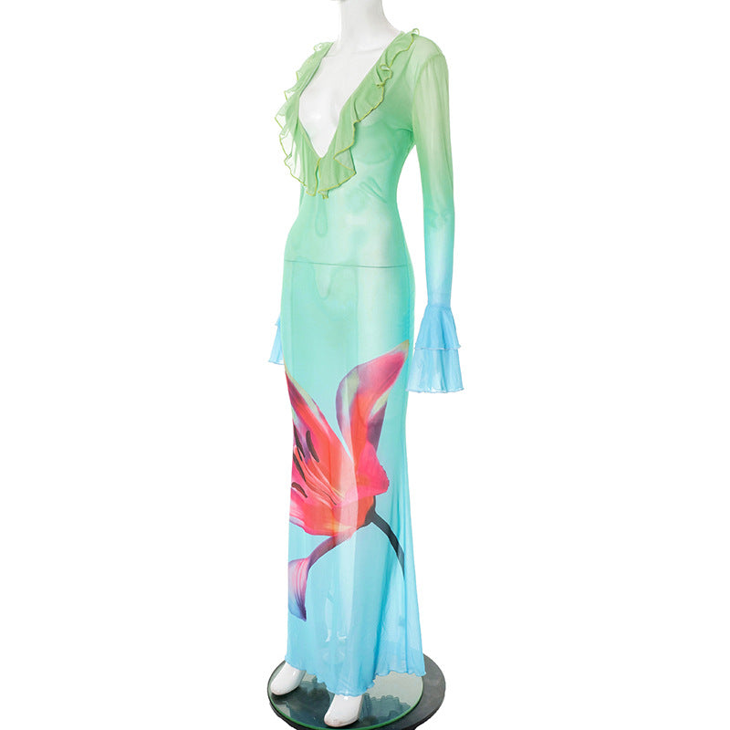 Tropical Bloom Sheer Mesh Maxi Dress - Ruffle V-Neck & Flared Sleeves for Your Warm Weather Escape