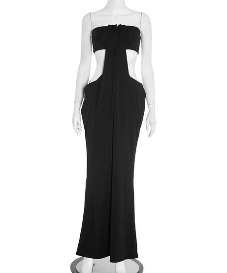The 'Siren' Black Cut-Out Strapless Maxi Dress - Your Go-To for Fall Galas & Holiday Glam