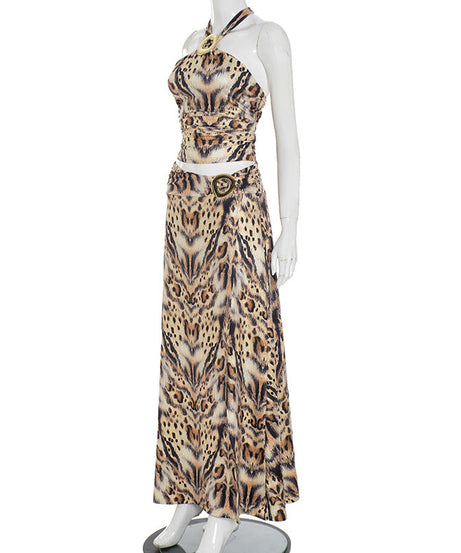 Fierce Fall Glam: Leopard Print Halter & High-Slit Maxi Skirt Set