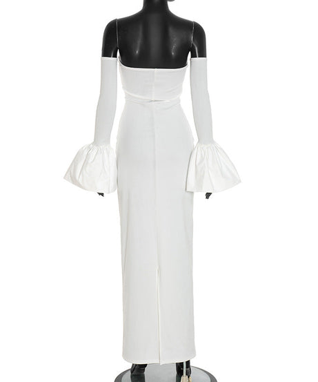 Ethereal White Off-Shoulder Maxi Dress: Bell Sleeves & Luxe Gold Neck Detail for Holiday Events