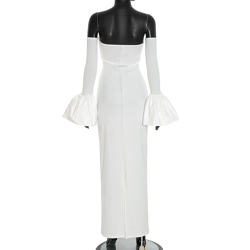 Ethereal White Off-Shoulder Maxi Dress: Bell Sleeves & Luxe Gold Neck Detail for Holiday Events