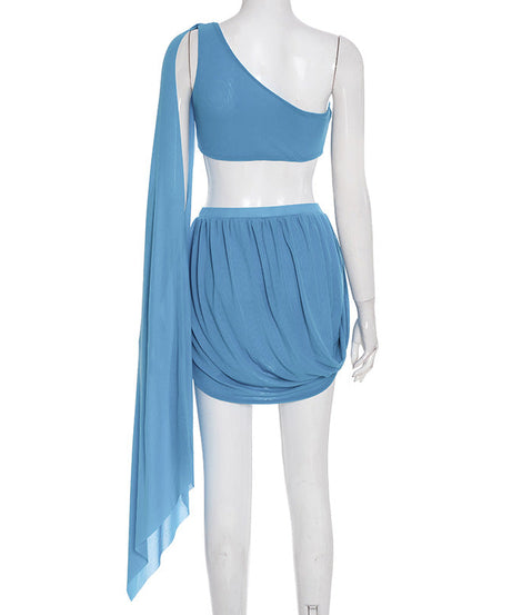 Ocean Breeze Sky Blue Draped Two-Piece Set | One-Shoulder Crop Top & Ruched Mini Skirt | Resort & Party Ready