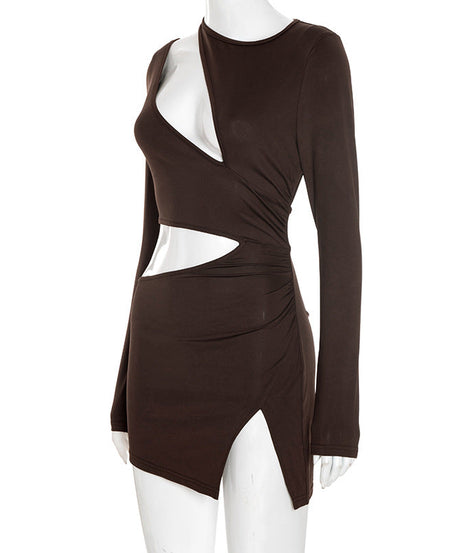 Sultry Mocha Cut-Out Bodycon Mini Dress - Fall Nights & Party Ready