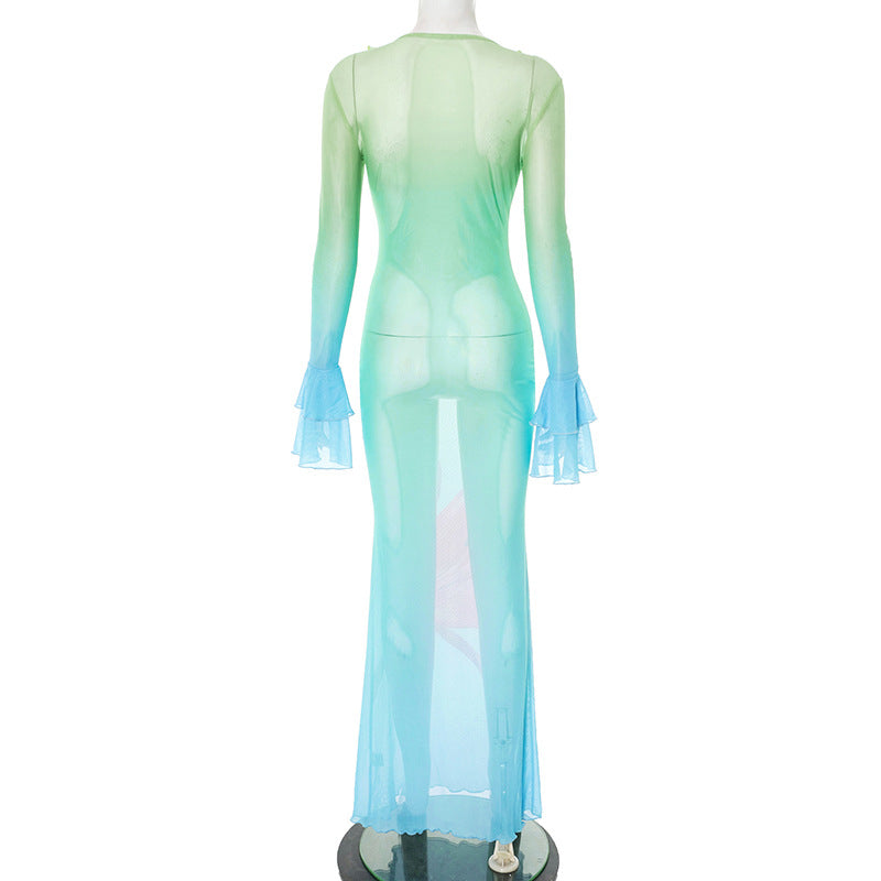 Tropical Bloom Sheer Mesh Maxi Dress - Ruffle V-Neck & Flared Sleeves for Your Warm Weather Escape