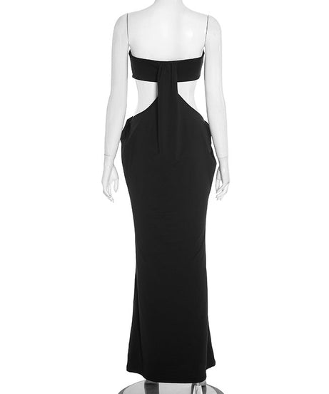 The 'Siren' Black Cut-Out Strapless Maxi Dress - Your Go-To for Fall Galas & Holiday Glam