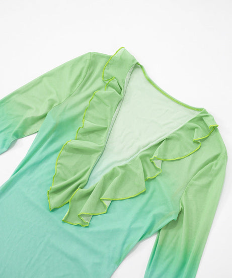 Tropical Bloom Sheer Mesh Maxi Dress - Ruffle V-Neck & Flared Sleeves for Your Warm Weather Escape