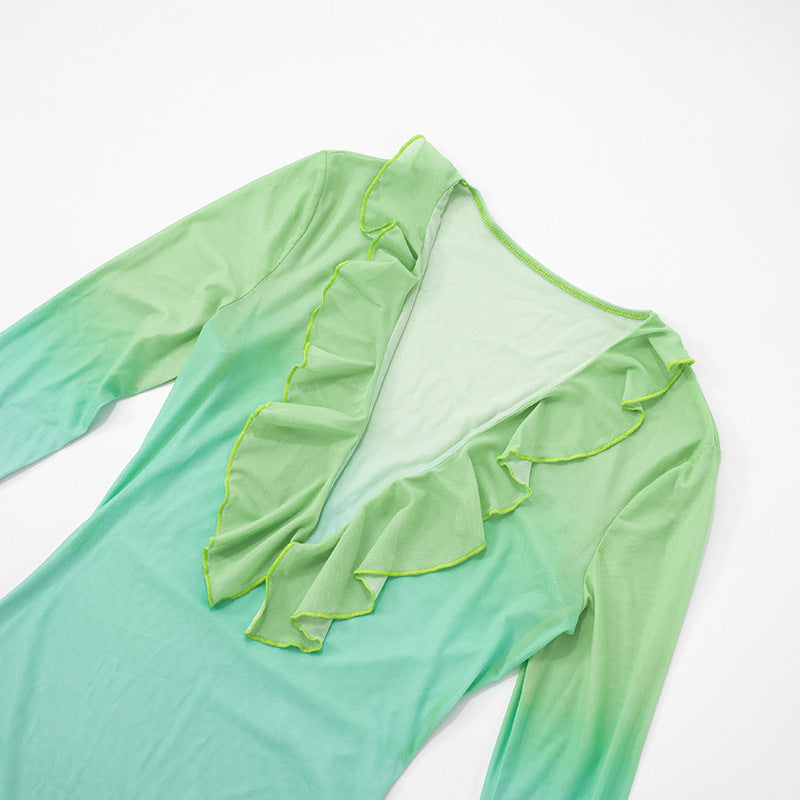 Tropical Bloom Sheer Mesh Maxi Dress - Ruffle V-Neck & Flared Sleeves for Your Warm Weather Escape