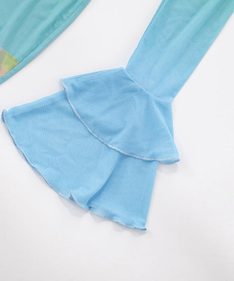 Tropical Bloom Sheer Mesh Maxi Dress - Ruffle V-Neck & Flared Sleeves for Your Warm Weather Escape