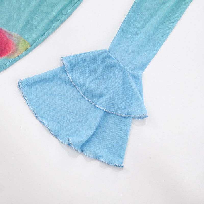 Tropical Bloom Sheer Mesh Maxi Dress - Ruffle V-Neck & Flared Sleeves for Your Warm Weather Escape